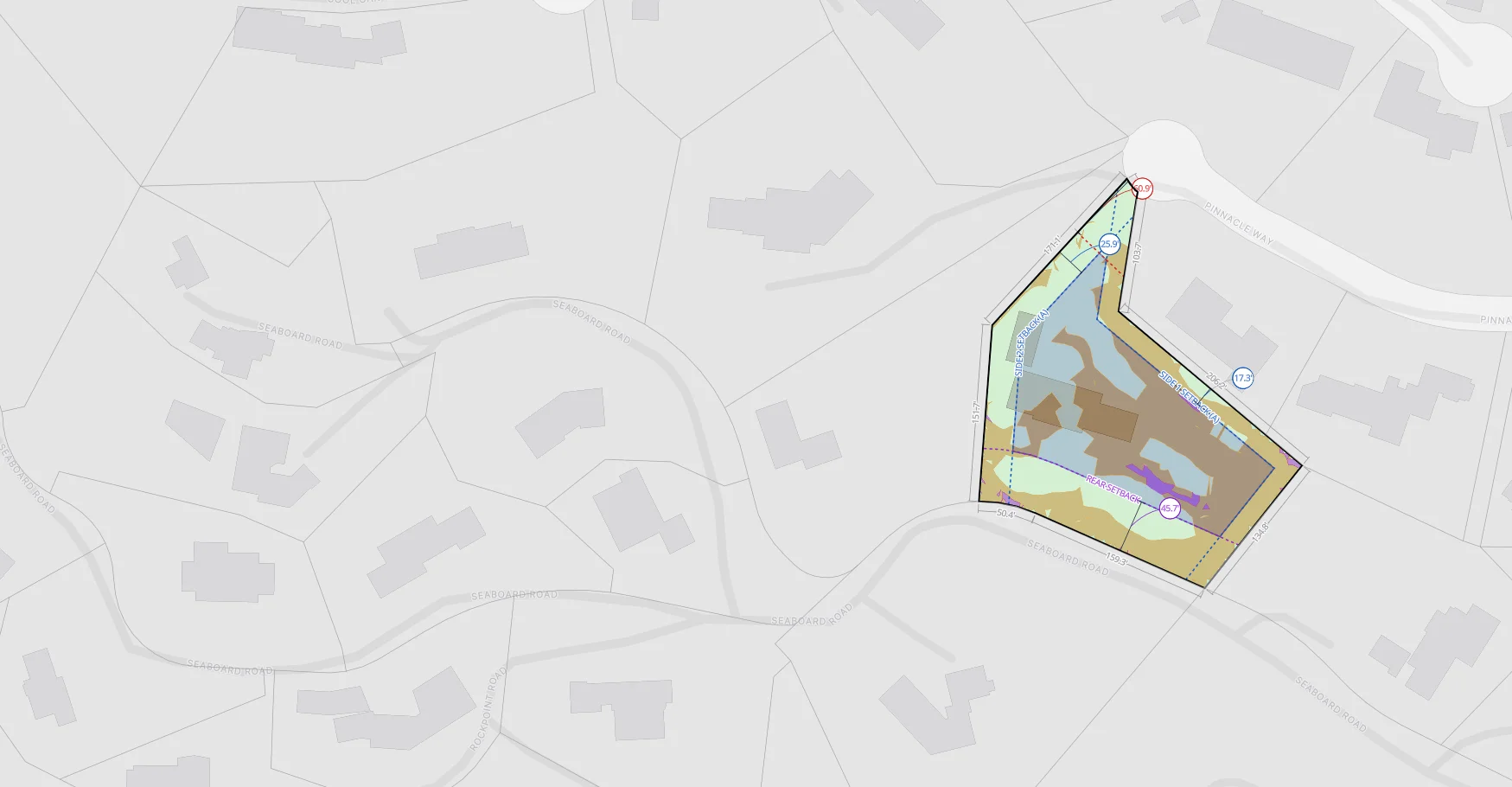 The same parcel analysed in plan, with handwritten notes marking the front setback and the rear setback, then the footprint a new building can take inside them: 'My new building can be this, max size 5420 sq ft'