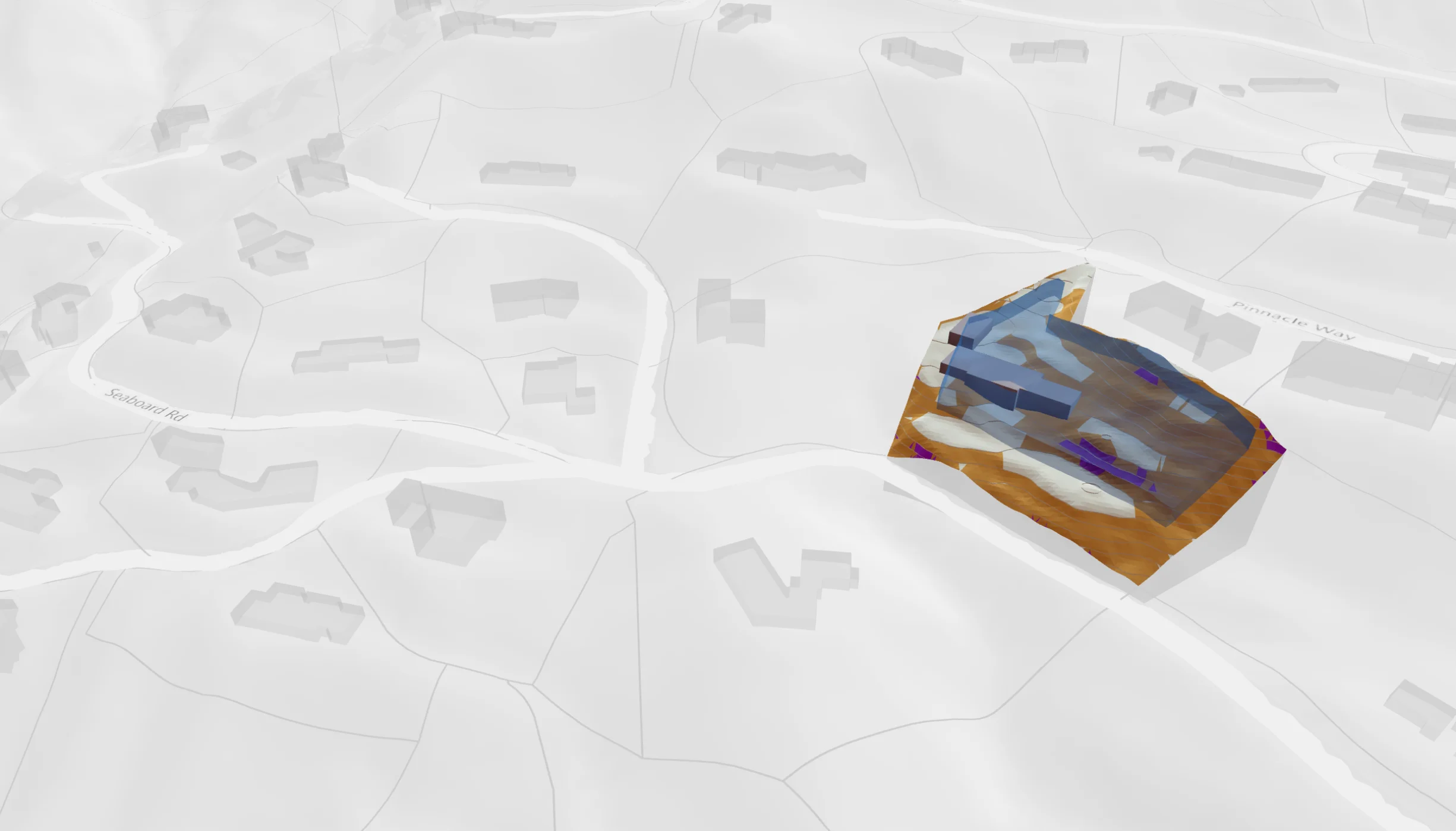 A parcel between Seaboard Road and Pinnacle Way, in 3D, with handwritten notes marking where you can build, the existing building, an 18-foot maximum height, and steep-slope areas (25–33% and over 33%) where you can't