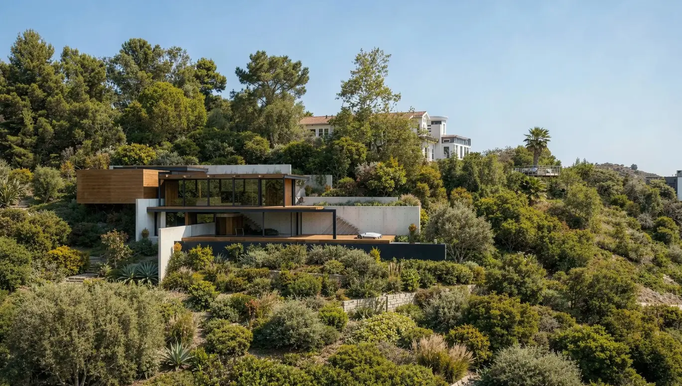 Aerial rendering of a cantilevered wood-and-glass house with a rooftop deck and an infinity pool on a brushy hillside