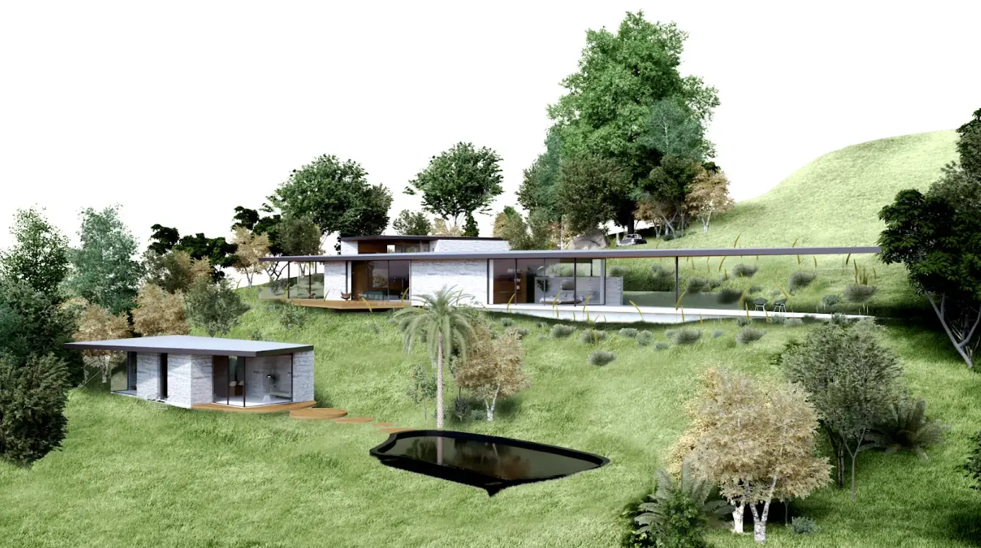 Rendering of a single-storey board-formed concrete house with a black roof, a gravel drive and a carport
